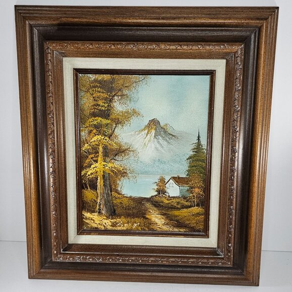 Original Oil Painting Framed Art Landscape Lake Woods Cabin Signed 17x15 - Picture 1 of 11
